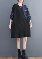 Vestidos de suéter de mezclilla azul con parches negros vintage, vestidos de suéter holgados con bolsillos y citas